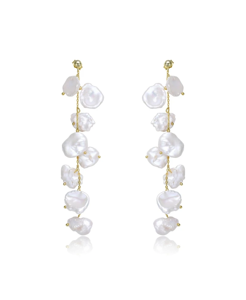 Elegant Sterling Silver with 14K Gold Plating and Genuine Freshwater Pearl Dangling and Drop Earrings