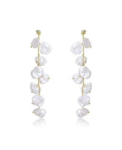 Elegant Sterling Silver with 14K Gold Plating and Genuine Freshwater Pearl Dangling and Drop Earrings