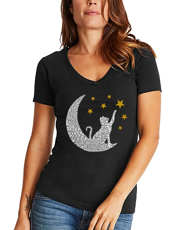 La Pop Art Women's Word Cat Moon V-Neck T-Shirt