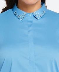 Ella Rafaella Plus Ruched Sleeve Embellished Collar Blouse