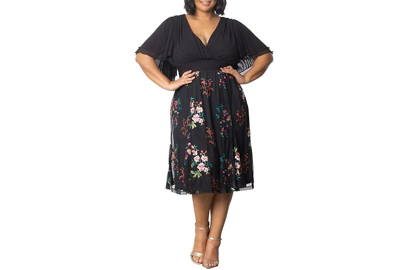 Kiyonna Plus Lillian Embroidered Mesh Midi Cocktail Dress