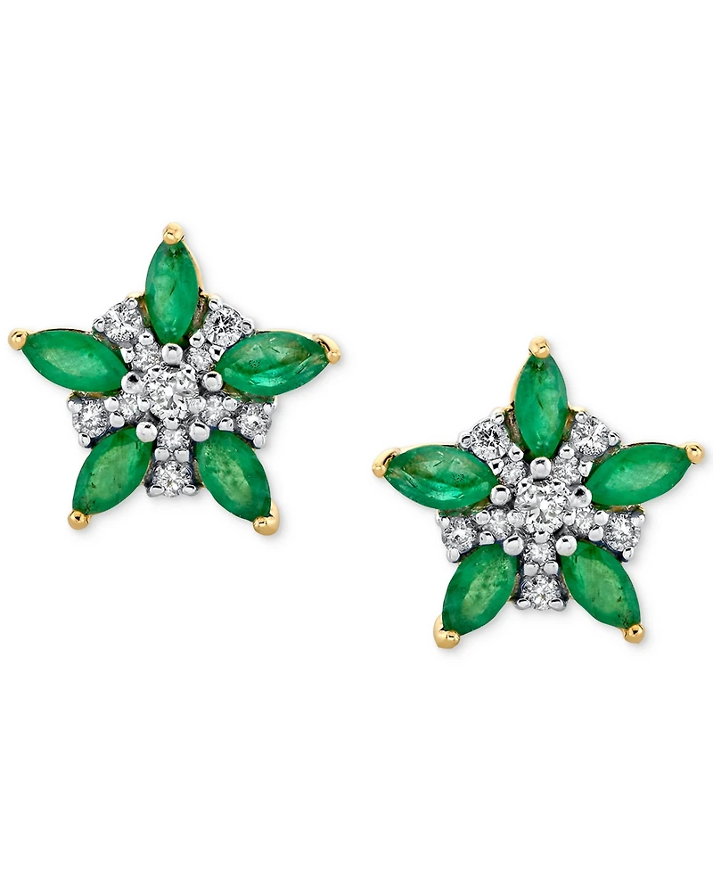 Emerald (1 ct. t.w.) & Diamond (1/5 ct. t.w.) Flower Stud Earrings in 14k Gold
