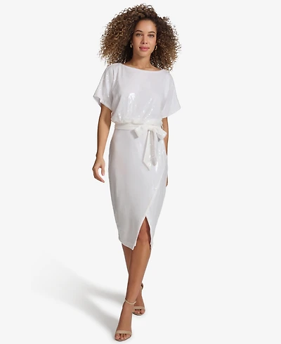 kensie Women's Sequined Mesh Dolman-Sleeve Belted Dress