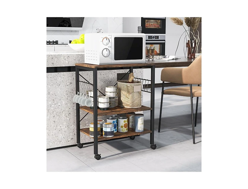 3-Tier Kitchen Baker's Rack with Microwave Shelf, Storage Hooks, and Utility Cart