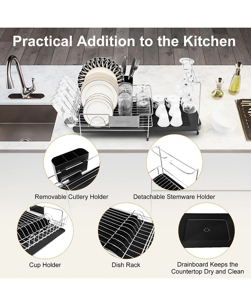Stainless Steel Expandable Dish Rack with Drain board and Swivel Spout
