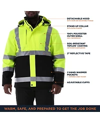 RefrigiWear Men's HiVis 3-in-1 Rainwear Jacket - High Visibility, Waterproof, Breathable, Reflective Safety Coat with Removable Liner