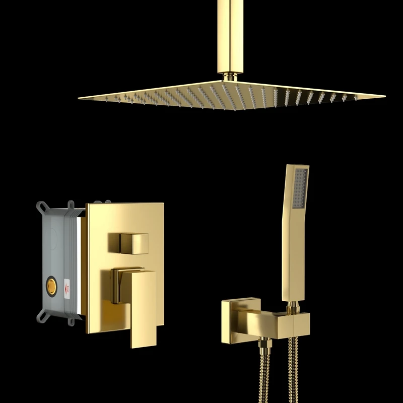 Dual Shower Head - 12 Inch Ceiling Mount Square Shower System With Rough-In Valve, Gold