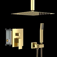 Dual Shower Head - 12 Inch Ceiling Mount Square Shower System With Rough-In Valve, Gold