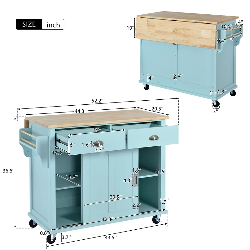 Streamdale Rolling Mint Green Kitchen Cart with Drop-Leaf Countertop
