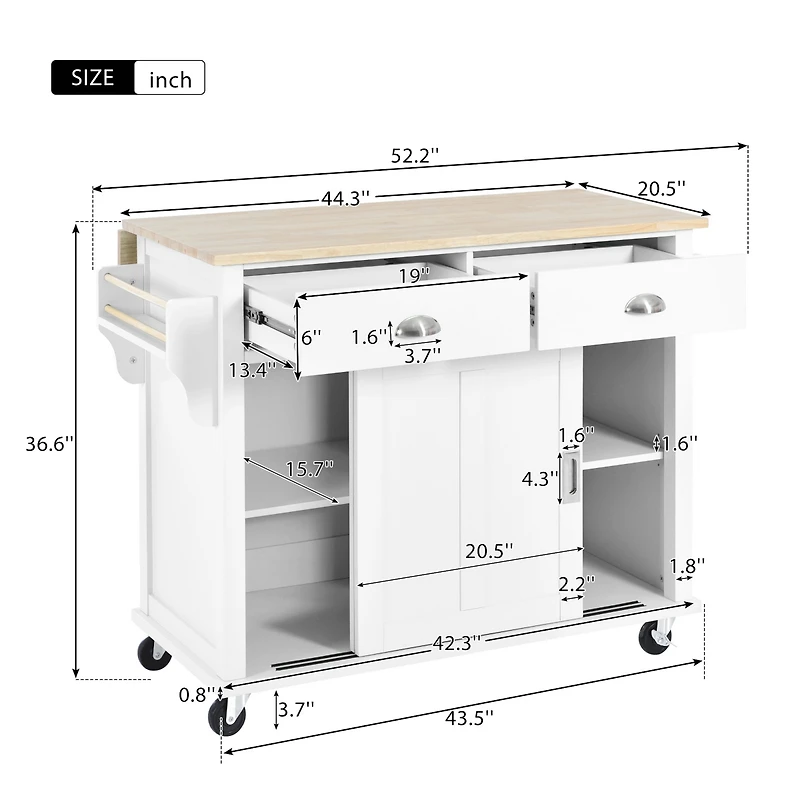Streamdale White Kitchen Cart with Drop-Leaf Countertop