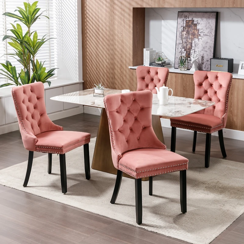 Nikki Collection Modern, High-end Tufted Solid Wood Contemporary Velvet Upholstered Dining Chair with Wood Legs Nailhead Trim 2-Pcs Set, Pink
