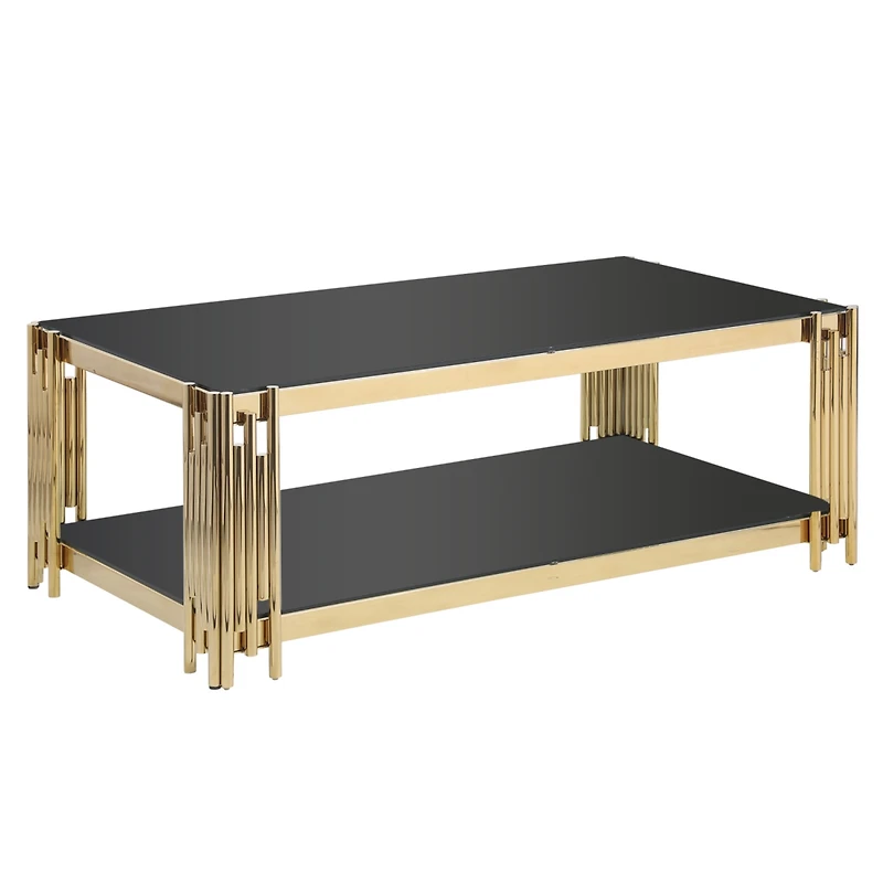 Streamdale Furniture Golden Stainless Steel Double Layer Coffee Table With Black Glass Top