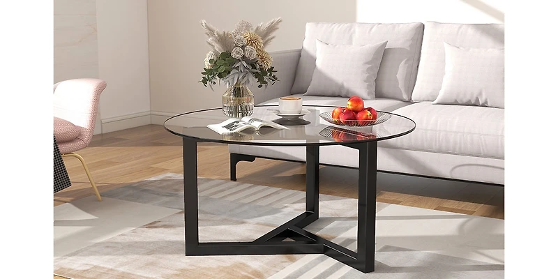Simplie Fun Round Glass Coffee Table Modern Cocktail Table Easy Assembly With Tempered Glass Top & Sturdy