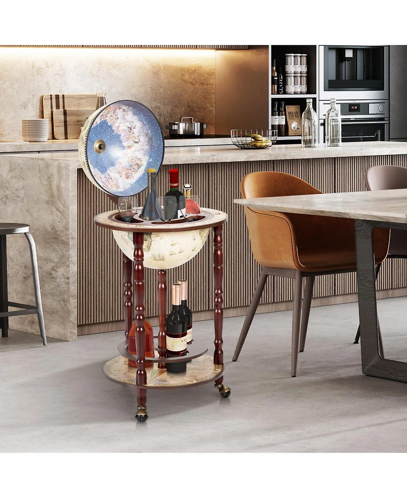Wooden Globe Bar Cart with Wine Rack and Wheels, Classic Italian Style Design