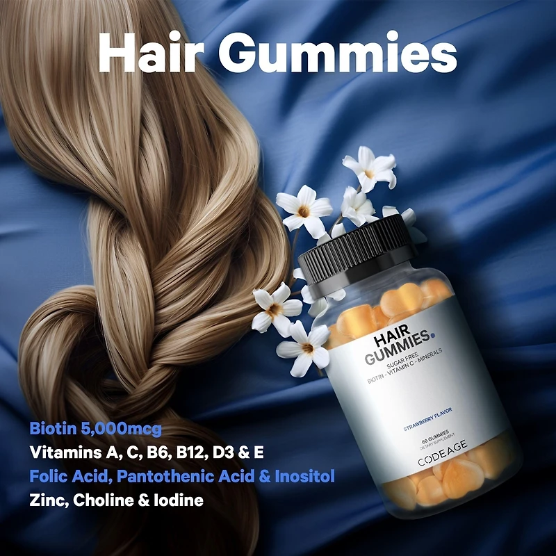 Codeage Hair Gummies, Biotin 5000 mcg, Sugar Free Growth Gummy Vitamins A, C, B6, B12, D3, Zinc, Inositol Supplement, Women & Men, Pantothenic Folic A