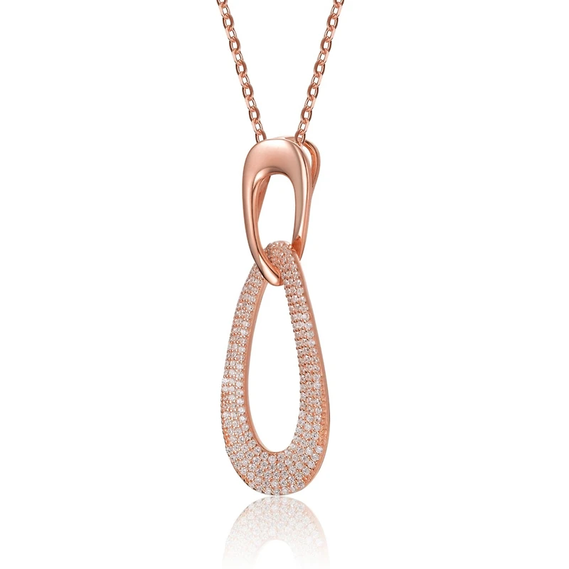 Sterling Silver 18K Rose Plated Cubic Zirconia Oval Hollow Pendant Necklace