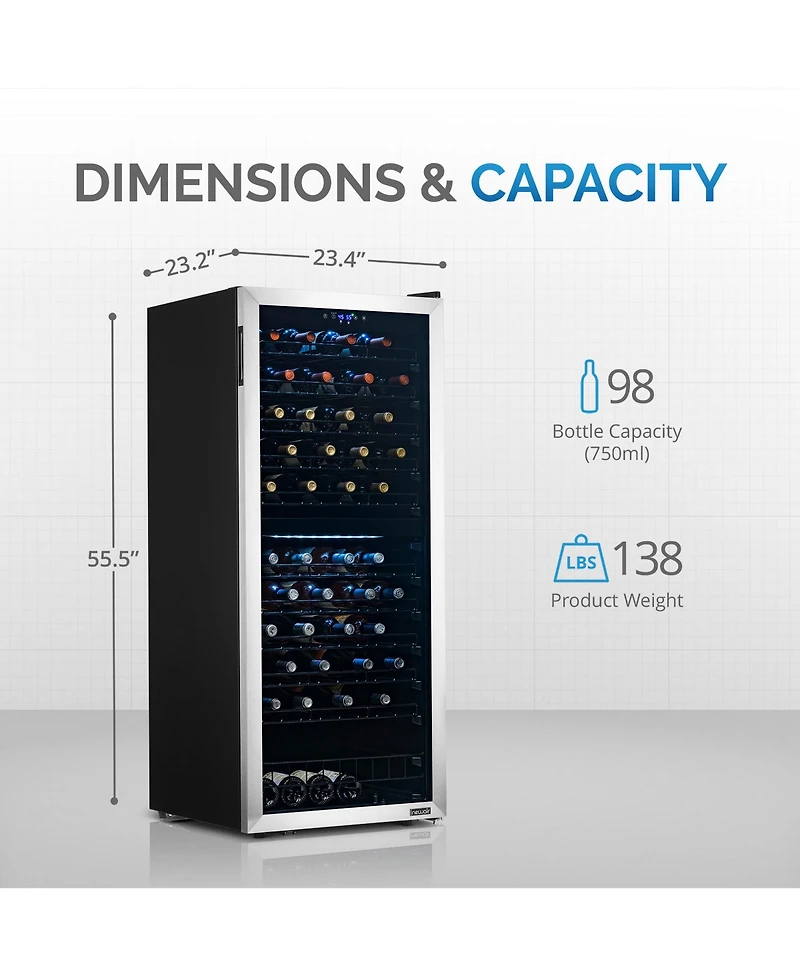 Newair Freestanding 98 Bottle Dual Zone Compressor Wine Fridge with Low-Vibration Ultra-Quiet Inverter Compressor, Adjustable Racks and Exterior Digit