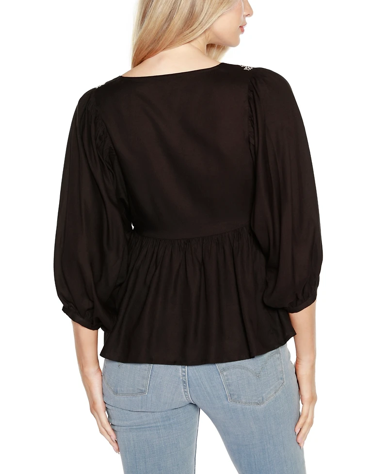 Belldini Black Label Embroidered Boho Fit-and-Flare Top