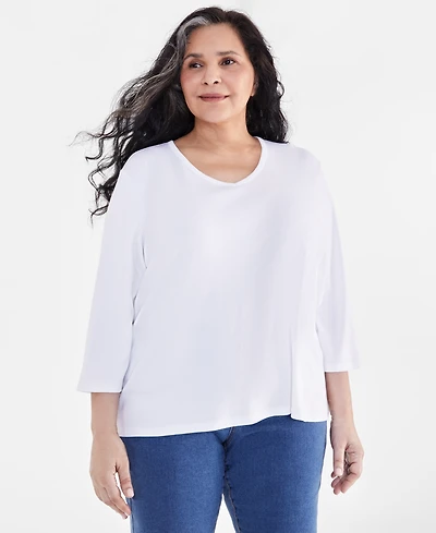Style & Co Plus Cotton V-Neck 3/4-Sleeve Top, Exclusively at Macy's