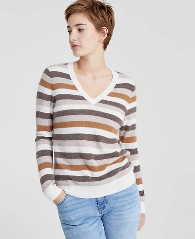 Charter Club Women's Striped 100% Cashmere V-Neck Sweater, Created for Macy's