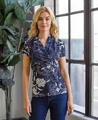 24seven Comfort Apparel Print Short Sleeve V Neck Wrap Top
