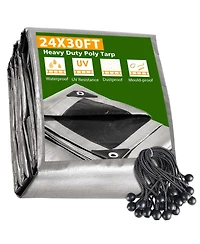 Yescom 24x30 Ft Waterproof Poly Tarp with 25 Ball Bungees Protect Cover 10mil Tarpaulin