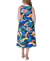 24seven Comfort Apparel Print Sleeveless Pleated Pocket Midi Dress