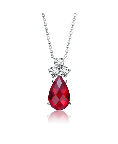Sterling Silver White Gold Plated Pear Shaped Pendant Necklace with Colored Cubic Zirconia