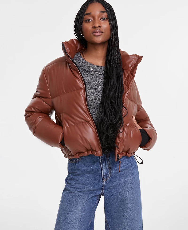 S13 Women's Cropped Zip-Front Faux-Leather Puffer Coat