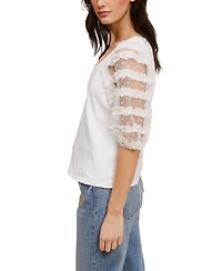 Fever Ribbed Knit Top With Ruffle Mesh Puff Sleeve
