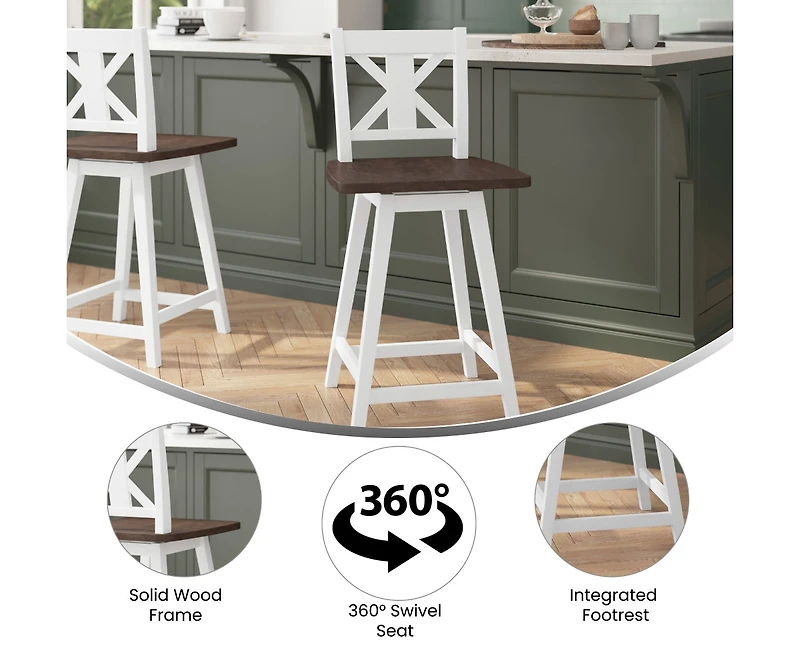 Luther Wooden Modern Farmhouse Swivel Dining Stool With Decorative Carved Back