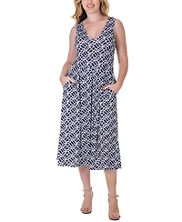 24seven Comfort Apparel Print Sleeveless Pleated Pocket Midi Dress