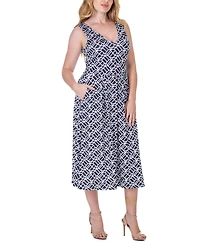 24seven Comfort Apparel Print Sleeveless Pleated Pocket Midi Dress