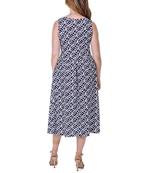 24seven Comfort Apparel Print Sleeveless Pleated Pocket Midi Dress