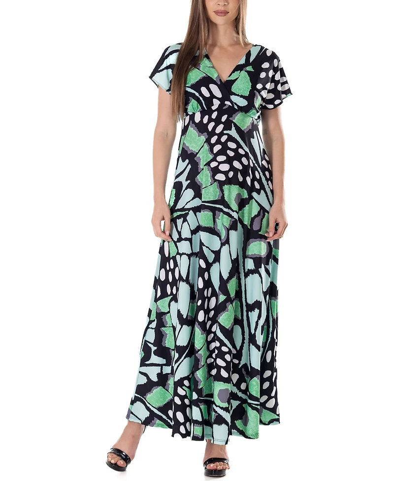 24seven Comfort Apparel Print V Neck Empire Waist Kimono Cap Sleeve Maxi Dress