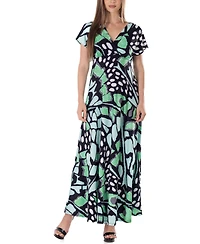 24seven Comfort Apparel Print V Neck Empire Waist Kimono Cap Sleeve Maxi Dress