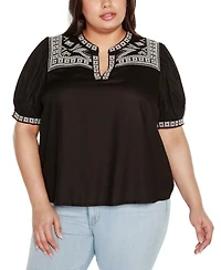 Belldini Black Label Plus Embroidered Boho Short Sleeve Top