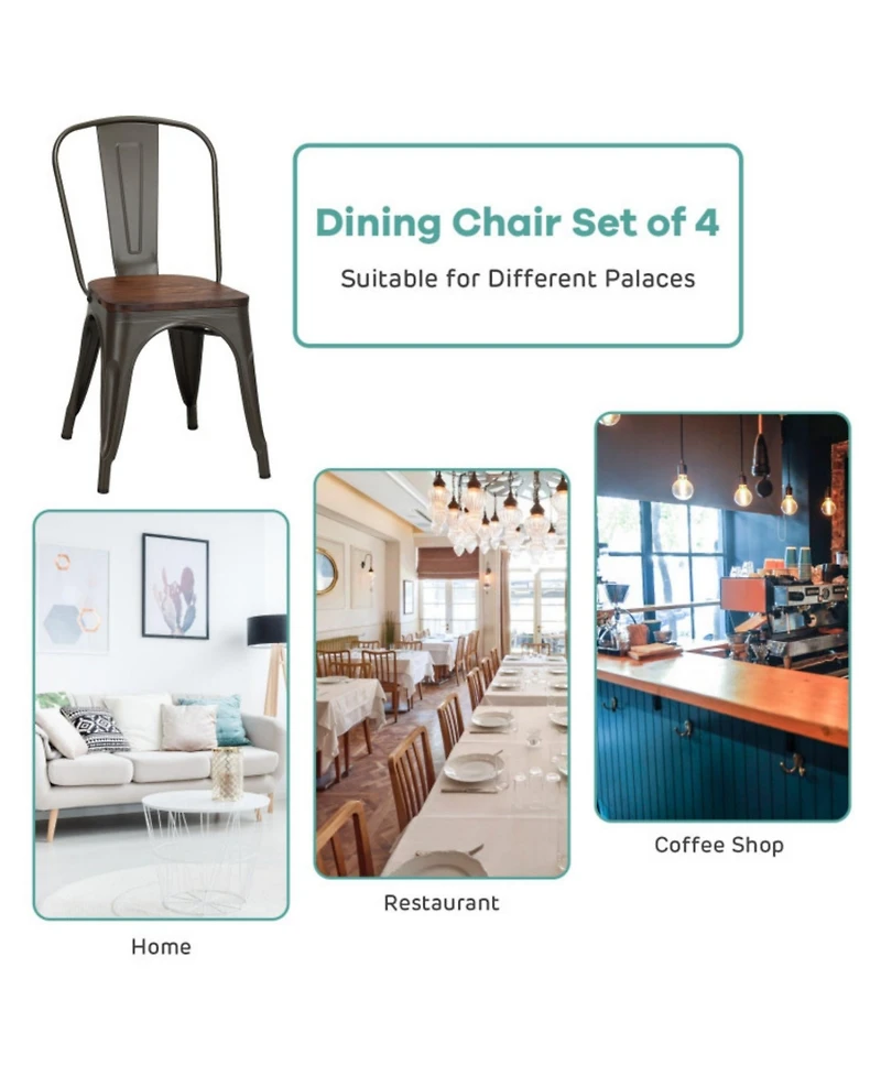 Sugift 18 Inch Set of 4 Stackable Metal Dining Chair with Wood Seat