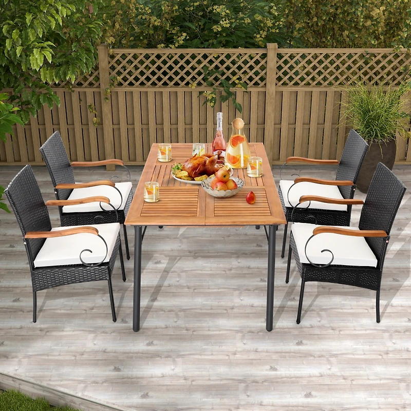 Sugift Set of 4 Outdoor Pe Wicker Chairs with Acacia Wood Armrests