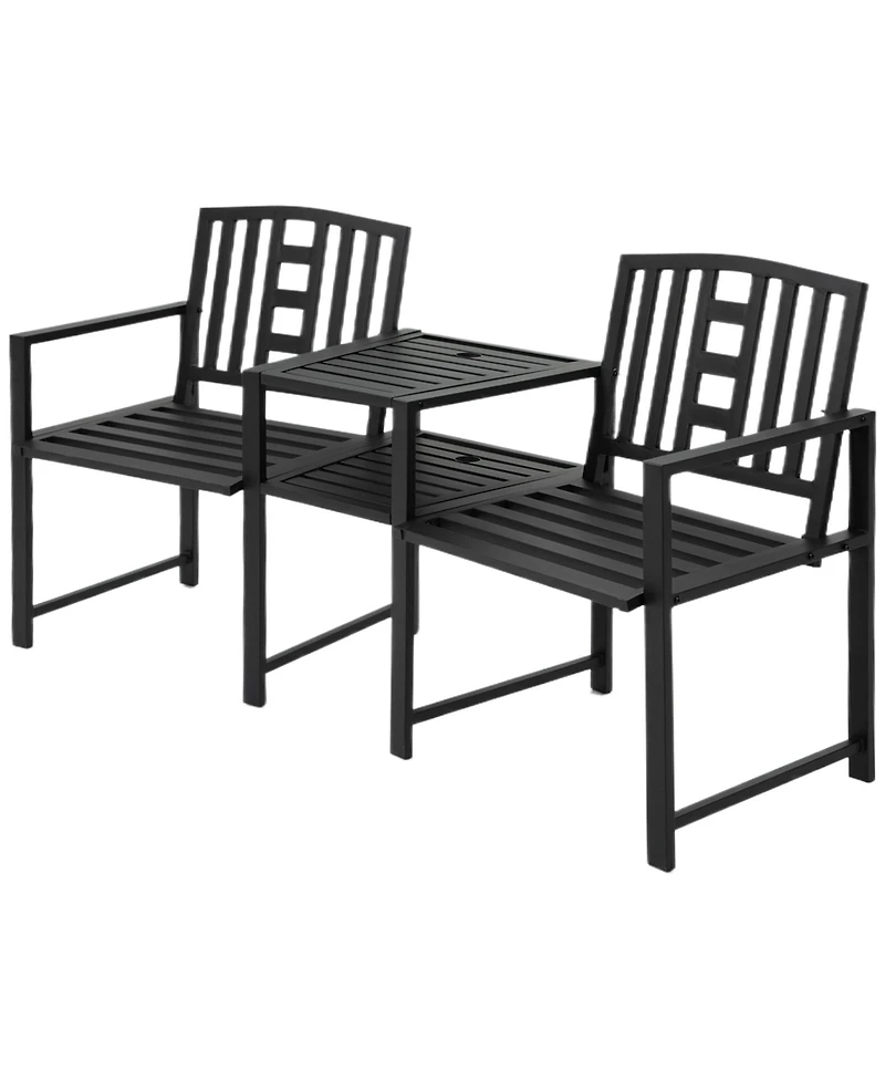 Outsunny Metal Garden Bench with Center Table and Umbrella Hole
