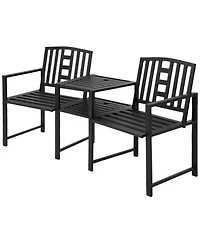 Outsunny Metal Garden Bench with Center Table and Umbrella Hole