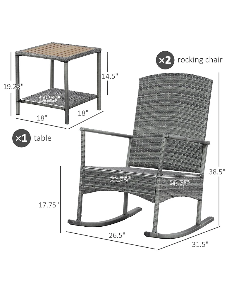 Outsunny 3pc Outdoor Rocking Chair Set, Pe Rat, 2-Tier Wood Table,