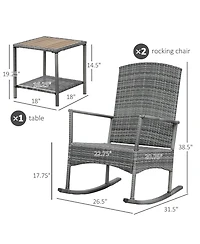 Outsunny 3pc Outdoor Rocking Chair Set, Pe Rat, 2-Tier Wood Table,