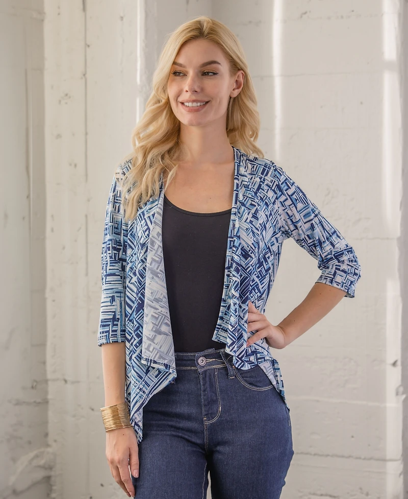 24seven Comfort Apparel Print Elbow Length Sleeve Open Cardigan