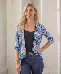 24seven Comfort Apparel Print Elbow Length Sleeve Open Cardigan