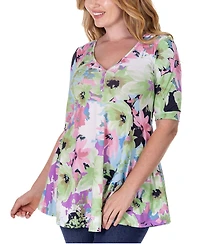 24seven Comfort Apparel Print Elbow Sleeve V Neck Henley Tunic Top