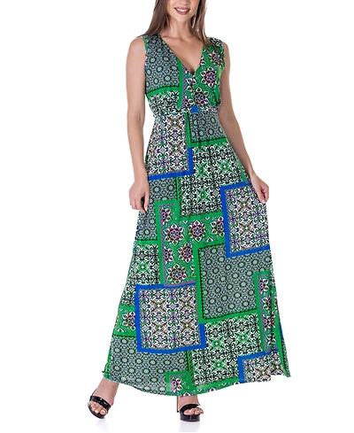 24seven Comfort Apparel Green V Neck Empire Waist Sleeveless Maxi Dress
