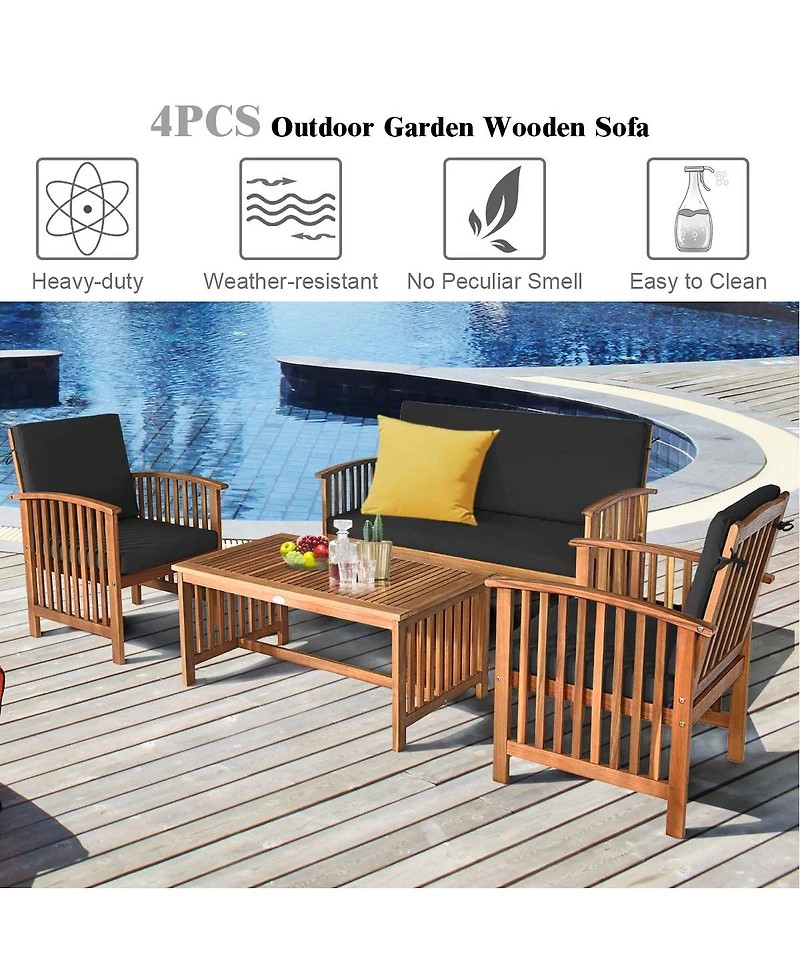 Sugift 4 Pieces Patio Solid Wood Furniture Set with Water Resistant Cushions