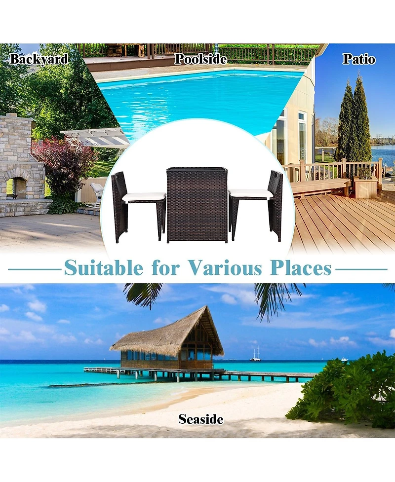 Slickblue 3 Pieces Cushioned Outdoor Wicker Patio Set with No Assembly Needed