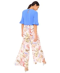 Cece Womens Ruffled Cuff 3 4 Sleeve Crew Neck Blouse Tropical Print Self Tie Overlap Pants